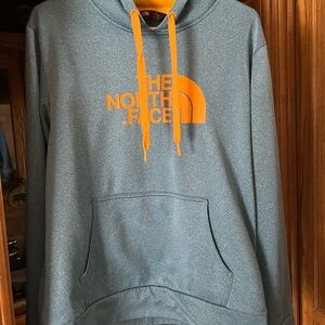 The North Face Men’s Crewneck Hoodie in Teal with Orange Logo medium